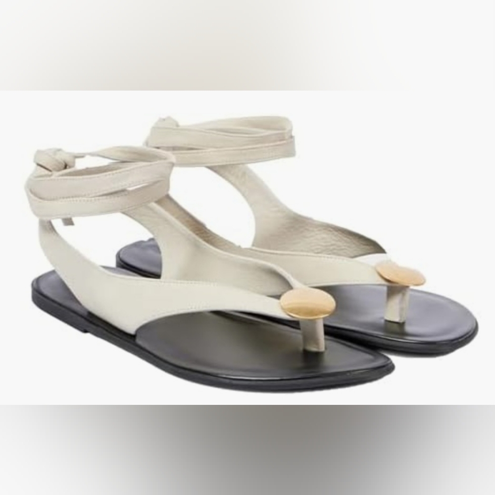 White Faux Suede Ankle Wrap Thong Sandals w/ Gold Hardware Accent- Size 8.5 NEW